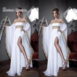 Branco 2020 Vintage Fora Ombros Arábia Saudita Mangas Longas Vestido de Baile Uma Linha Renda Formal Feito Sob Medida Vestidos de Noite de Festa Tamanho Grande302D