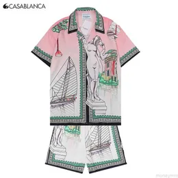 Casa Designer Fashion Clothing Shirts Tracksuits 2023 New Casablanca Greek Sculpture Sailboat Print Short Sleeve Shirt Set for Men Women