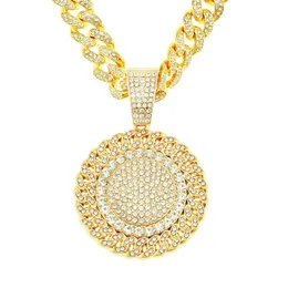 Hip Hop Rapper Men Shiny Diamond Pendant Gold Necklace Iced Out Sunflower Circle Pendant Micro-Inset Full Zircon Jewelry Night Club Punk 50cm Miami Cuban Chain 1558