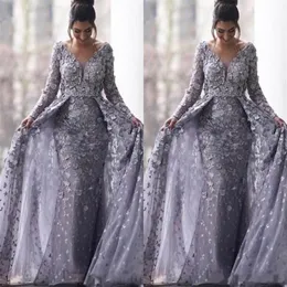 2020 Arabii Arabski Gray Muzułmańskie sukienki wieczorowe 2020 Mermaid V-Neck Long Rleeves Tiul Lace Islamic Dubai Długość formalna suknia wieczorowa 2224N