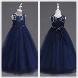 Cute Navy Blue Tulle A Line Sash Long Flower Girls' Dresses Crew Neck Sleeveless Lace Top Birthday Party Little Girl Dresses 334o