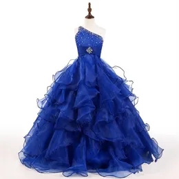 Royal Blue Girls Pageant Dress Una spalla Cristalli Perline Ruffles Organza Ball Gown Ragazze Birthday Party Gowns Custom Size261E