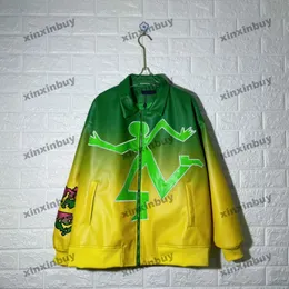 Xinxinbuy Men Men Designer Jacket Coats 23SS Панель пробега кожаная ткань вышивка полотенец с длинным рукавом хлопковые женщины черные S-2XL