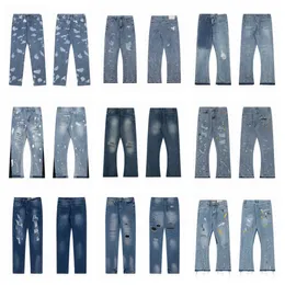 Mens Designer Jeans Alta Qualidade Splash Ink Graffiti Micro Flared Cool Luxury Denim Galerias Sweat Depts Pant Distressed Rasgado Preto Azul Roxo Jeans