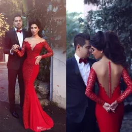 Árabe Vermelho 2017 Novos Vestidos de Noite Mangas Compridas Sexy Renda Sereia Vestidos de Baile de Formatura Decote Transparente Coberto Botão Nas Costas Vestidos de fie204S