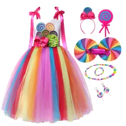 Christmas Rainbow Candy Princess Dress For Girls With Headband Tutu Costume Kids Purim Birthday Party Children Lollipop Clothing