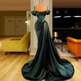 Элегантные темно -зеленая русалка выпускная платья спагетти ремни бусинки жемчужины по полу