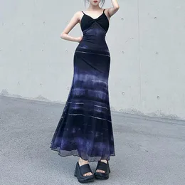 Sukienki swobodne y2k vintage nadruk długi sukienki kobiety A-line spaghetti pasek Sundress Grunge punkowy impreza Koreańska plaża