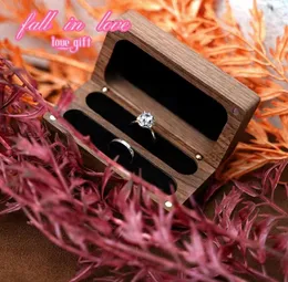 Bolsas para joias, caixa de anel de madeira de nogueira para 2 anéis, fino, duplo, porta-armazenamento, porta-casamento, decorativo, com tampa