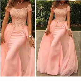 Modern Off-the-shoulder Mermaid Tulle Evening Dress Floor-length Lace Applique Short Sleeves Peach Prom Dress robe de bal princess3136