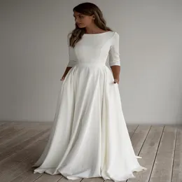 2020 A-LINE CREPE Modest Wedding Dress Long Sleeves Pockest Sweep Train Enkelt elegant informell Boho Bridal-klänningar ärmade Custom M291A