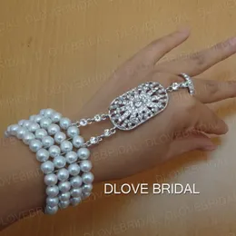 Bracciale da sposa in cristallo di perle romantiche con anello In magazzino Pronto per la spedizione Accessorio da sposa Catena a mano Gioielli da sposa R302G