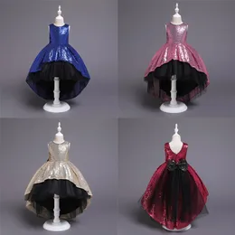 2019 lantejoulas de ouro alta baixa designer crianças vestidos formal flor menina vestido jóia sem mangas grande arco faixa preto tule pageant 255a