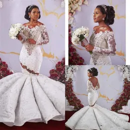 Shinny Crystal African Off Shoulder Mermaid Wedding Dresses 고급 슬리브 오픈 깎아 지른 얇은 레이스 신부 가운 플러스 크기 커스텀 335h