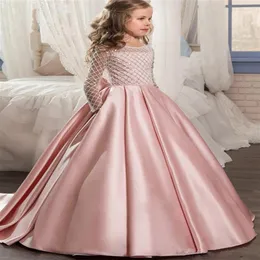 Pretty Flower Girl Dresses 3D Appliques floreali Bow Gilrs Pageant Dress Fashion Fluffy Tulle Abito lungo compleanno Toddler Graduation333E
