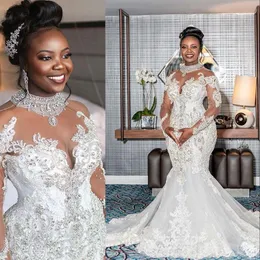 2022 BLING SEXY African Crystal Mermaid Wedding Dresses High Neck Sheer Long Hleeves spetspärlor Brudbröllopsklänningar Elegant Rob341K