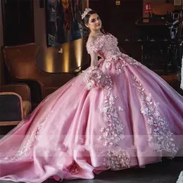 Princesa rosa Quinceañera vestidos fuera del hombro 3D floral con cordones corsé top 15 fiesta brillante cumpleaños vestidos dulce 16 Debutante284o