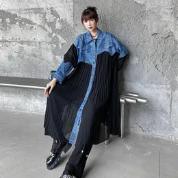 Женская куртка уличная одежда джинсовая сплайдация тонкая одежда Женщины негабаритная сетка Смит через плиссированные платья с длинным рукава