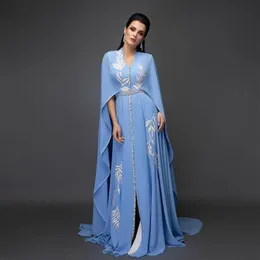 2021 Blue Plus Size Arabic Aso Ebi Sexy Chiffon Caftan Prom Dresses Embroidery Crystals Evening Formal Party Second Reception Gown281V