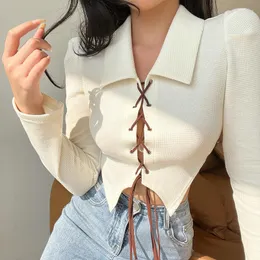 Women's T Shirts Bubble Sleeve Bandage Thin Cropped Top 2023 Spring And Summer Style Lapel Temperament Slim Long Sleeved Blouses