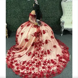 Vestidos Princesa Quinceanera Vermelho Escuro Flores 3D Miçangas Espartilho com Cadarço Aplique Doce 15 16 Vestido Roupa de Festa Xv Anos