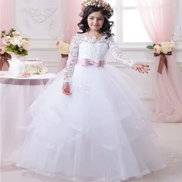 2020 Günstige weiße Blumenmädchenkleider für Hochzeiten Spitze Langarm Mädchen Festzug Kleider Erstkommunion Kleid Kleine Mädchen Abschlussball B183E