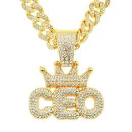 Hip Hop Rapper Mannen glanzende diamanten hanger gouden ketting Iced out crown CEO letters hanger micro-inzet volledige zirkoon sieraden nachtclub punk 50cm Miami Cubaanse ketting 1559