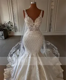 Novo Design 2023 Pérolas Brilhantes Vestidos De Noiva Sereia De Luxo Com Cape Beading Cristais Vestido De Novia Vestido De Novia Com Cadarço