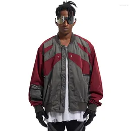 Men's Jackets Vintage Grey Red Functional Contrast Bomber Jacket Coat Streetwear Multi Pocket Splicing Cotton Cargo Outwear Baggy