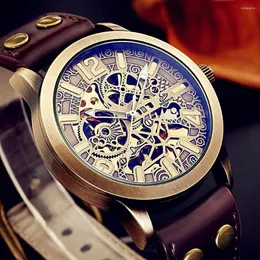 Relógios de pulso Shenhua Style Hollow Out Masculino Retro Bronze Steampunk Automático Skeleton Couro Esportivo Relógio de Pulso Mecânico 255Z