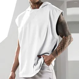 メンズカジュアルシャツ夏のフード付きタンクトップソリッドカラーノースリーブジムのゆるい快適な男性