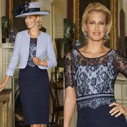 Condici Navy Blue Lace Lace of the Bride Dresses with Jacket Jewel Sleeves Plus Size Mothers Groum Gown256U