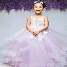 2021 Lilac Lace Pearls Flower Girl Dresses Sheer Neck Ball Gown Tulle Lilttle Kids Birthday Pageant Wedding klänningar ZJ0465240S