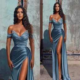 2022 Blue Prom Dress Sexig Off Shoulder Formal Evening Party Gown High Size Split Satin BrdEMaid Dresses Custom Made BC10944 0329268K