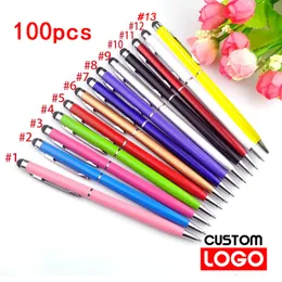 Ballpoint długopisy 100 pióra każdego pakietu mini metal 2-w-1 Stylus Universal Ballpoint Pen Pen Grawerowanie Niestandardowe biuro Reklama Pen 230721