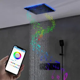 Banyo Yağmur Duş Başlığı Seti 400x400mm Şelale Puslu Musluklar Termostatik Müzik Seti LED LIGHT233P