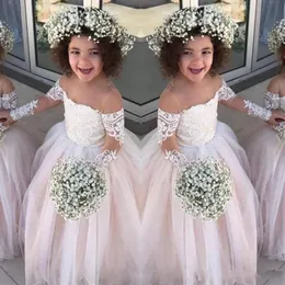 Dantel şeffaf uzun kollu Küçük Kızlar Pageant elbisesi tül balo elbise çiçek kız elbise düğün bebek doğum günü partisi elbise ucuz2708