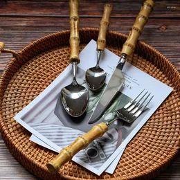Flatware Sets Bamboo Tableware Set 304 Stainless Steel Nature Handle Retro Dinnerware Cutlery Steak Knives Table Fork Dessert Spoon Gift
