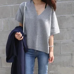 Kvinnors tröjor skräddarsydda får kort ärm tröja stickad v-ringning ull pullover lösa toppar grundläggande fast färg mjuk blus