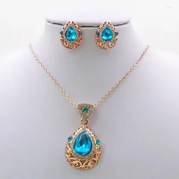 Necklace Earrings Set Fooderwerk Jewelry Fashion Openwork Pattern Crystal Droplet Women Stud Two-piece