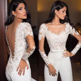 2020 White Wedding Dresses Jumpsuits Sexy Sheer Neck Lace Appliques Sequins Long Sleeve Bridal Gowns A Line Backless Wedding Dress189f