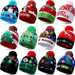 Party Hats 19 Styles Led Christmas Knitted Beanies Kids Moms Winter Warm Hats Santa Elk Light Up Crochet Caps Q343