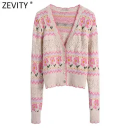 سترات نسائية Zevity Women Sweet v Neck Floral Patchwork Print Jacquad knitting Sweater Femme Chic Long Sleeve Button Cardigan Tops SW943 L230724