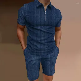 Chándales para hombre, conjuntos de camisa Polo a rayas de verano 2023, camisas de manga corta para hombre, cremallera, informal, de negocios, a la moda, ropa de hombre de retazos