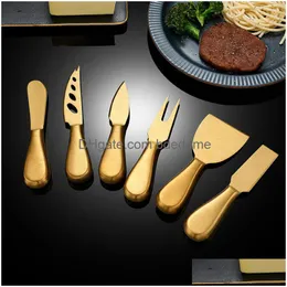 Knives Butter Knife Cheese Fork Pizza Cutlery Set Stainless Steel Gold Home Restaurant Kitchen Dining Flatware Tableware Tool Drop Del Dhq9H