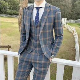 Abiti da uomo 3 pezzi Abito Blazer Gilet Pantaloni Plaid Slim Fit Tempo libero Smoking di alta qualità Costume da sposa Abito da ballo per uomo