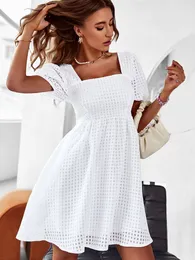 Basic Casual Dresses Msfilia Elegant Dres Summer Solid Color Square Collar Short Sleeve High Waist A Line Causal 230724