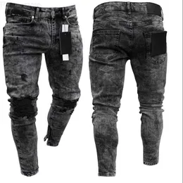 Herrsträngbyxor Sexig hål Jeans Casual Foot Zipper Male Ripped Skinny Trousers Black Biker Pencil Long Pants 220314 L230724