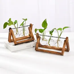 Vases Creative Hydroponic Plant Transparent Vase Wooden Frame Decoratio Glass Tabletop Bonsai Decor Flower