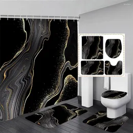 Cortinas de chuveiro Conjunto de cortinas de mármore preto Linhas douradas Padrão texturizado abstrato Decoração moderna de banheiro Tapete antiderrapante Tapetes de banho Capa de vaso sanitário